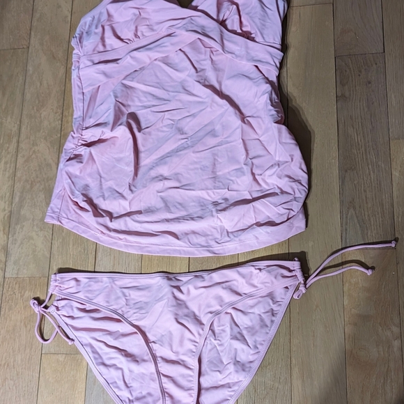 FLAW AS IS Womens Swim Set  L Pink Tankini Black Skirt 2 Piece  Spaghetti Strap - Picture 7 of 17